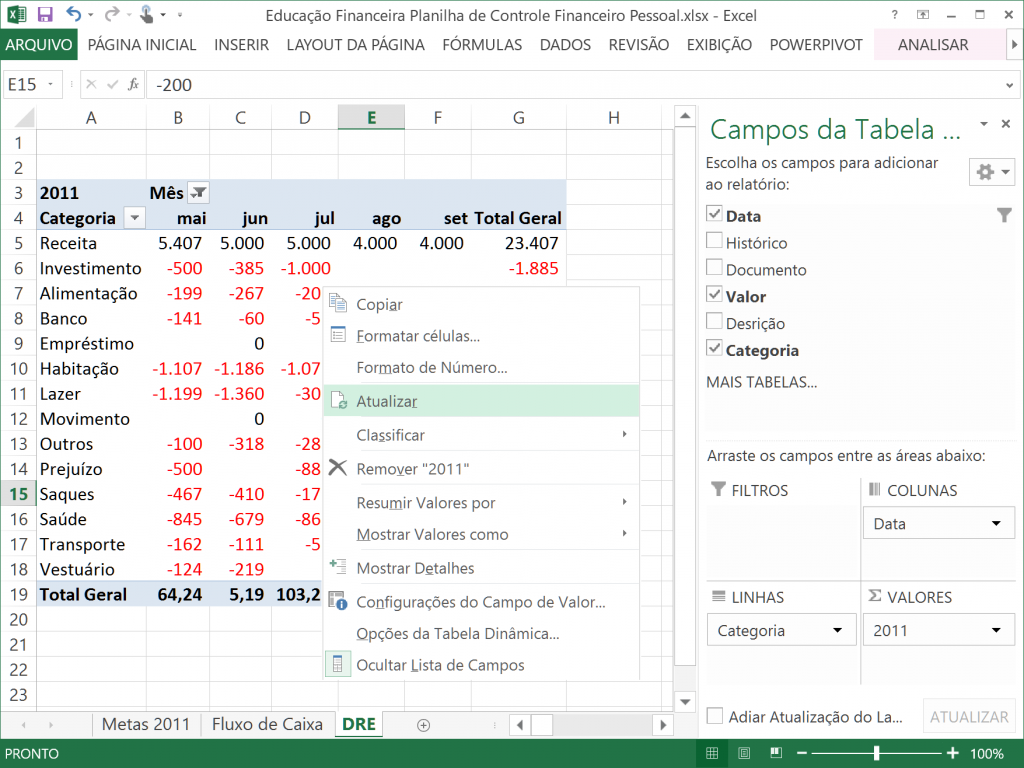 Exemplo de DRE - Como atualizar a tabela dinâmica?