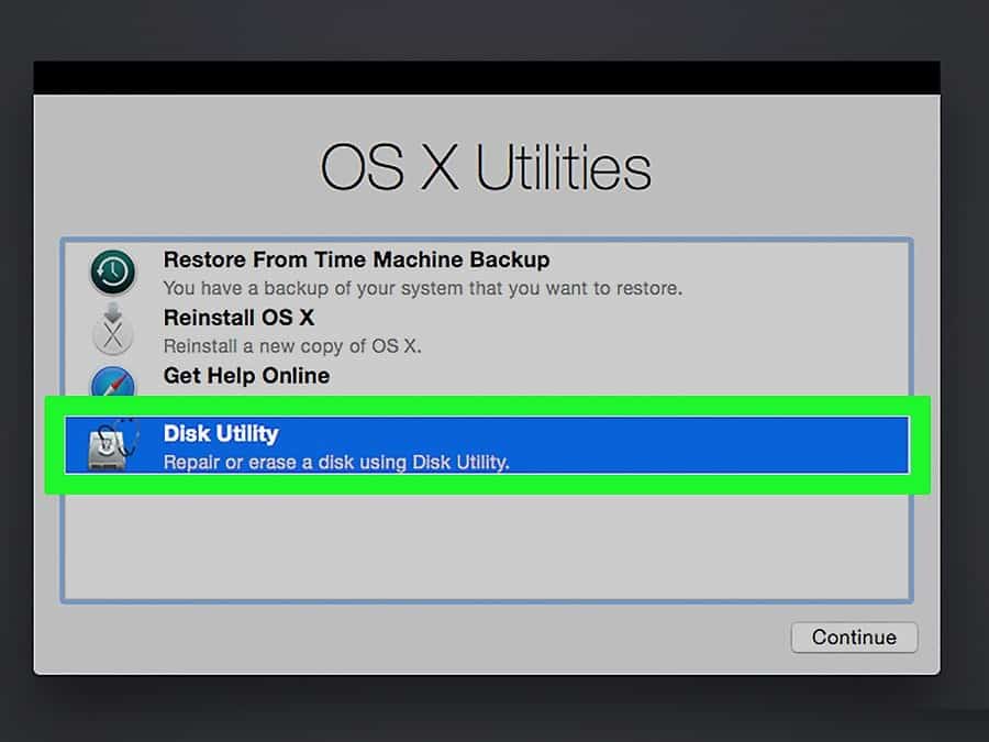 Tela inicial do Utilitários do OS X