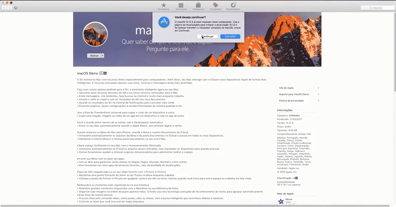 Clique em continuar para baixar versão completa do macOS