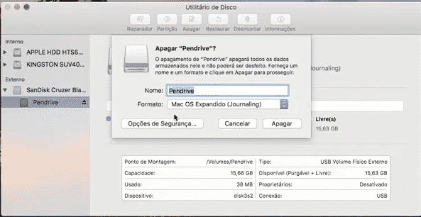 Renomeie da maneira que desejar o pendrive e clique apagar.